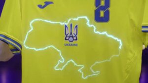 The design of the UEFA EURO 2020 Ukraine jersey, featuring the outline of the country's borders with the notable inclusion of Crimea. Photo sourced from Facebook post by Andriy Pavelko, head of the Ukrainian football association.