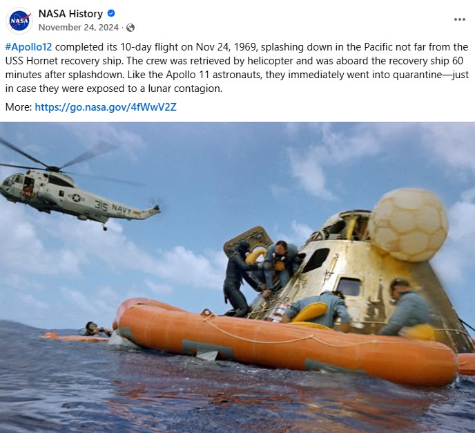 A Facebook post from NASA History that shows the Apollo 12 astronauts with the helicopter flying over to recover them.